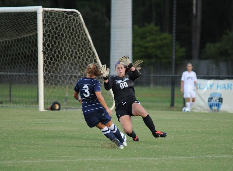 Alexis Bredeau takes a shot in the first half with UNF down 1-0. The end result was a deflection off the post.  Photo credit: John Shippee