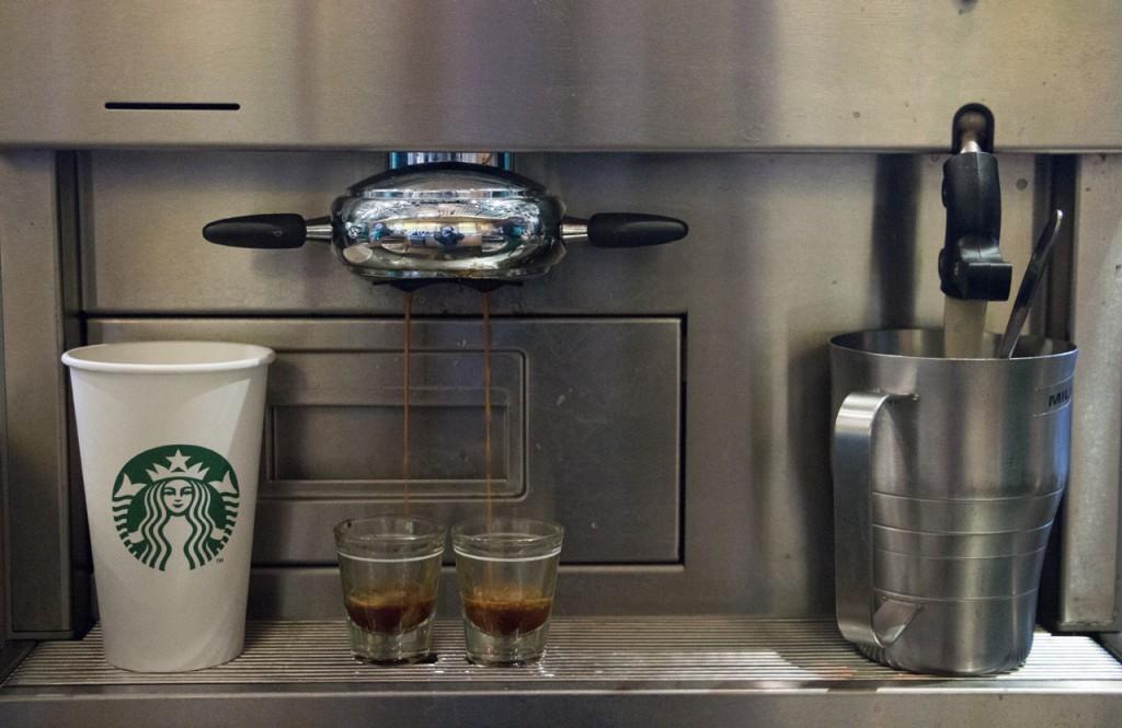 Two shots of expresso being brewed at the Starbucks on UNF's campus. Photo by Bronwyn Knight. 
