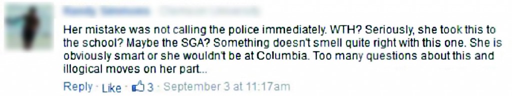 An individual blamed the victim in a comment concerning Emma Sulkowicz. Comment taken from Huffington Post article