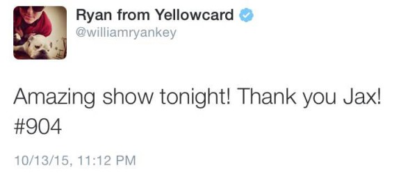 Ryan Key, lead vocalist of Yellowcard, turns to Twitter to thank Jacksonville fans one more time. Image courtesy of Twitter