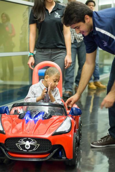 Students placed a sensor in the Spiderman car that disables the vehicle to avoid collisions. Photo by Michael Herrera