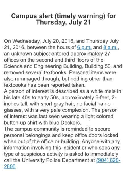 The UNFPD alert sent to students Thursday. Screencap courtesy of Mark Judson.