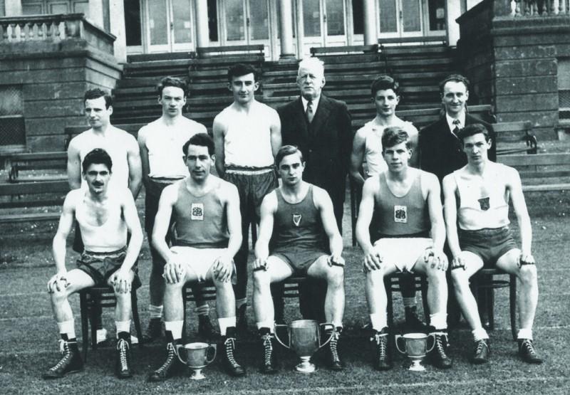 Comyns (front row, second from right) with the boxing club at Trinity College Dublin in 1952.  Photo Courtesy of Ken Comyns 