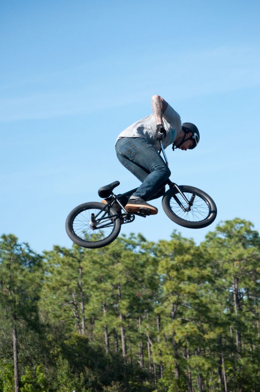 One of the BMX performers gets some big air off a jump.  photo by Sean Patterson 