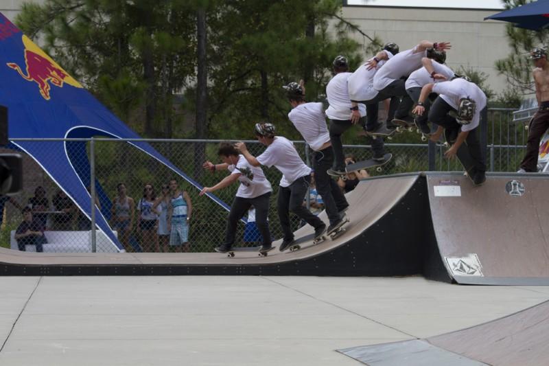 Dane Quinto, King of the Campus winner, does a 360 to 180 revert transfer from the quarter pipe to the mini ramp. Photo by Randy Rataj