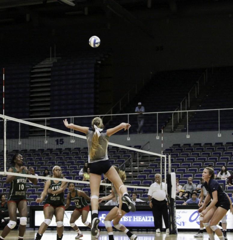 Freshman Kelly Koop elevates for a spike against MVSU. (Credit: Garrett Haupt)