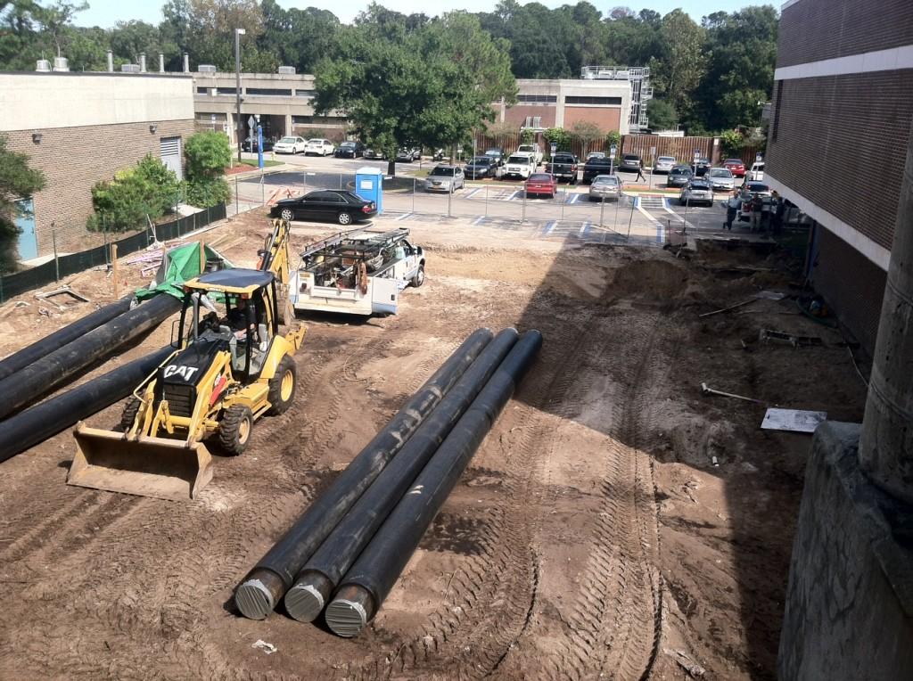 Construction to build a pocket park in between buildings 14 and 15. Photo by Blake Middleton