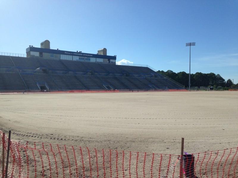 Due to drainage problems, a new drainage system has been installed in UNF's soccer field. Photo by Camille Shaw