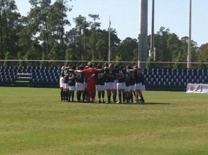 UNF huddles before the ETSU match-up in the semi-finals. (Photo credit: Andrew Nichols)