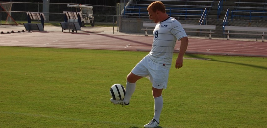 Bolt scores a goal against Western Illinois, leading UNF to a 2-1 finish. Photo by 