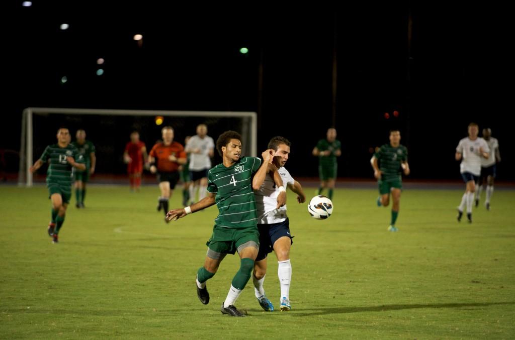 The men's soccer team played on the newly-renovated field at Hodges Stadium in their Nov. 2 game against Stetson. Photo by John Shippee