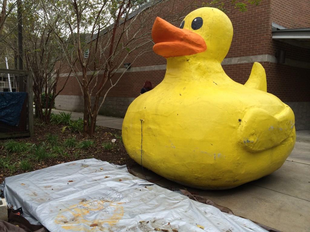 Sgt. Quackers has been removed from the lake in front of the library in anticipation of his temporary stay at the Jacksonville Zoo. Photo by Randy Rataj