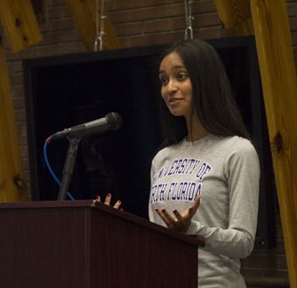 Kaitlin Ramirez, Economics and History major, and the Senate President Pro – Tempore of SG announced 3 new traditions. Photo by Randy Rataj