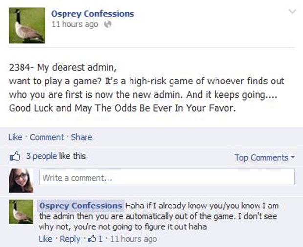 Confession 2384 comments on the Osprey Confessions admin's choice to stay anonymous. Graphic courtesy of Facebook.