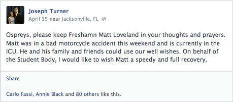 Turner posted on Facebook Tuesday night to let Ospreys know of Loveland's condition. Photo courtesy Facebook