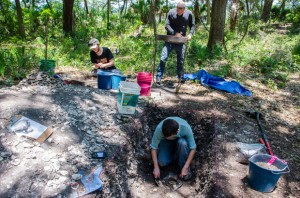 Thomas Buchanan (front), Stephen Confessore (Middle), and Jonathan Kestrel (Back left) scrutinize their findings. Photo by Robert Curtis