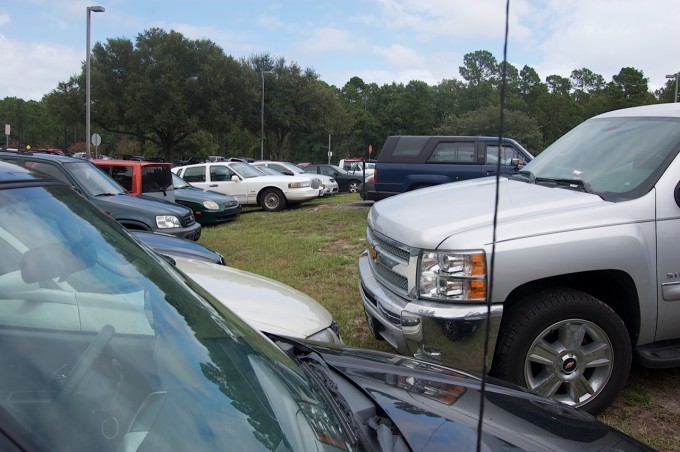 Lot 53 was so full, students were parking on the grass.  Photo by Blake Middleton