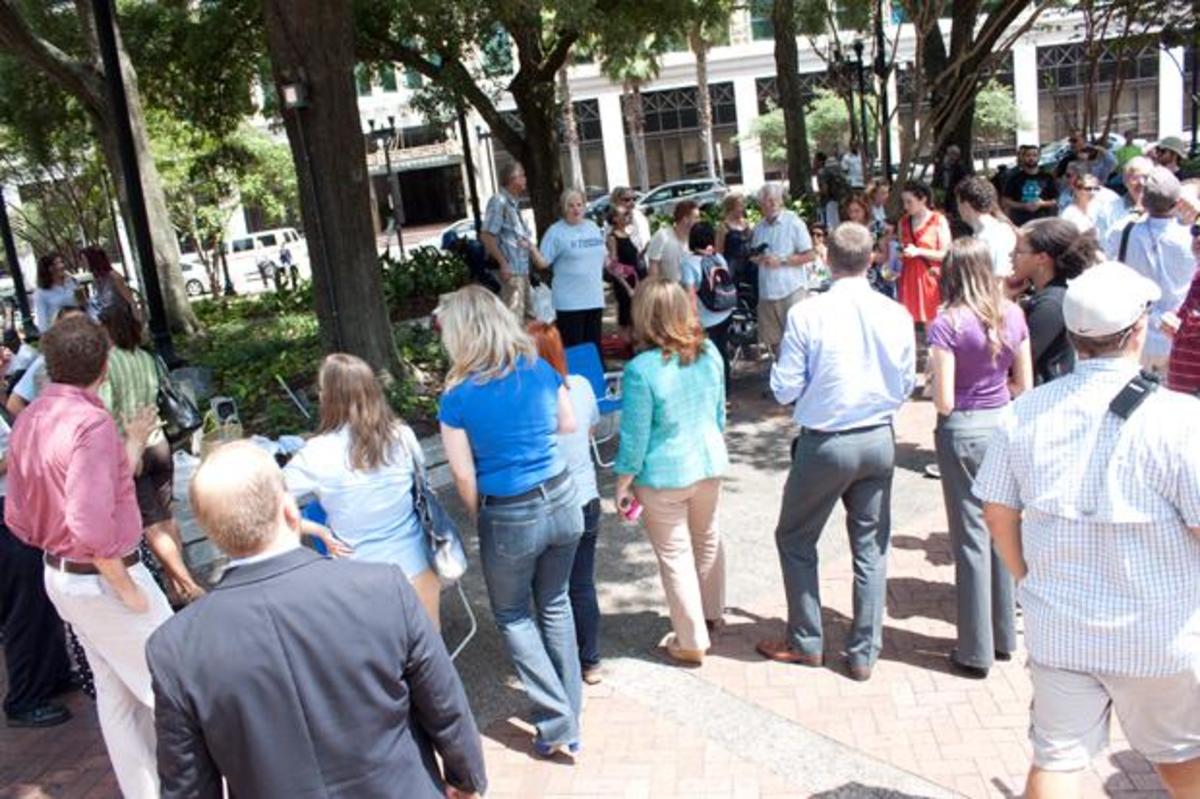 A crowd gathered in Hemming Plaza to support Ignite Media’s trip to Berlin led by Dr. Paula Horvath. Photo by Joshua Brangenberg