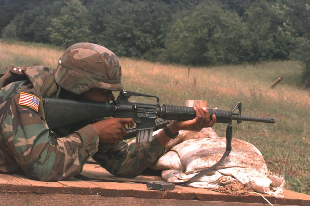 Staff Sgt. Charles Solomon fires a M16-A2 rifle on June 27, 1996.DoD photo by Pfc. Luis A Deya, U.S. Army.