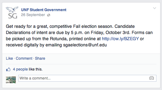 The Student Government post telling their 2,659 followers on Facebook of the upcoming deadline.