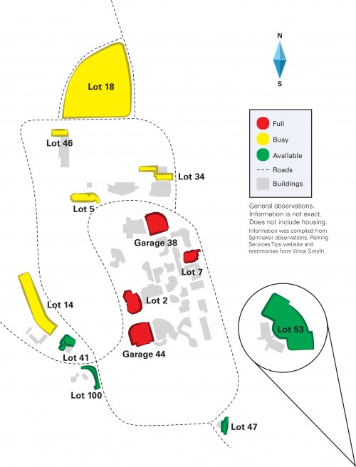 This campus map shows that available parking is often in undesirable locations.  Graphic by Rachelle Keller