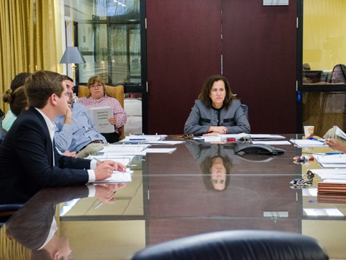 The Student Fee Assessment Committee Chair Shari Shuman speaks to the SFAC. Photo by Robert Curtis