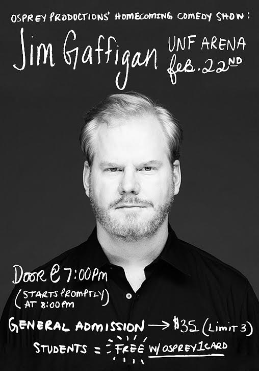 Gaffigan will perform Sunday, Feb. 22 at the UNF Arena at 8:00 p.m. Graphic by Caitlyn Broyles