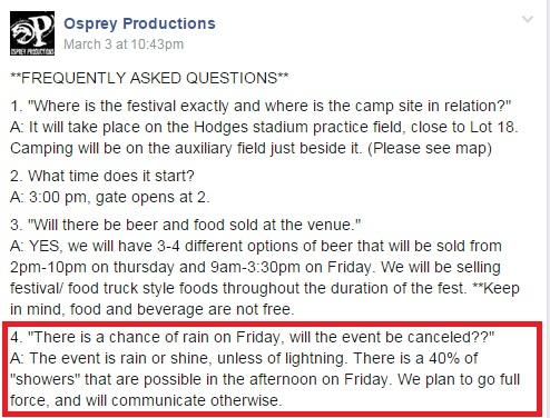 According to Osprey Productions' Facebook event, the OZ Fest was intended to go on "rain or shine".Photo courtesy Facebook