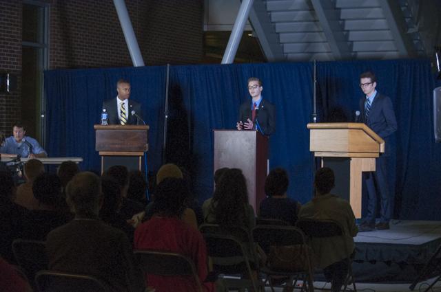 Students gathered in the Student Union Plaza Tuesday night to hear from the presidential candidates running in the Spring 2015 election.Photo by Morgan Purvis