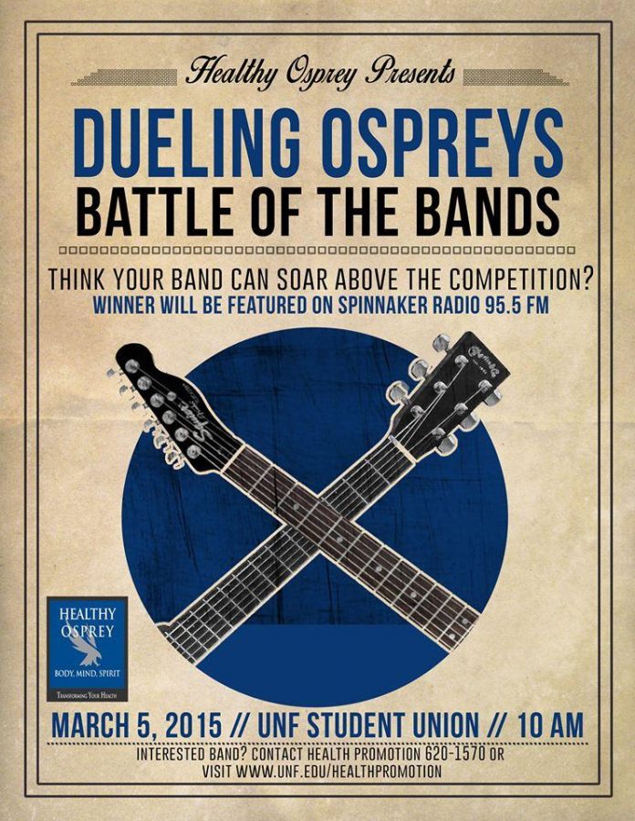 Photo cutline: UNF Healthy Osprey hosts Dueling Ospreys Battle of the Bands Thursday Mar. 5 at the Student Union Plaza.
Photo courtesy Facebook 
