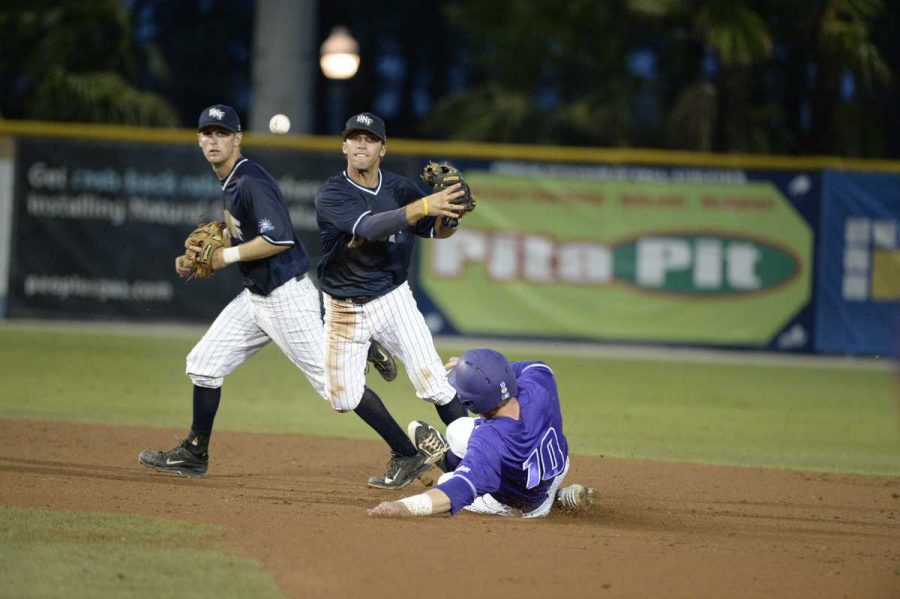 UNF shortstop Kyle Brooks attempting to turn a double play during the conference final in Fort Myers, Fla.  Photo courtesy asunphotos.com