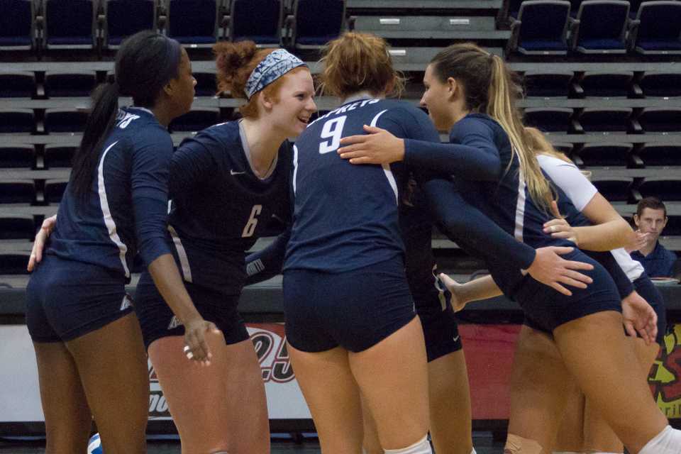 UNF squeezed out of their match against FAU with a 3-2 victory. The team rejoices on Sept. 11 after scoring against Bethune-Cookman.  Photo by Michael Hererra