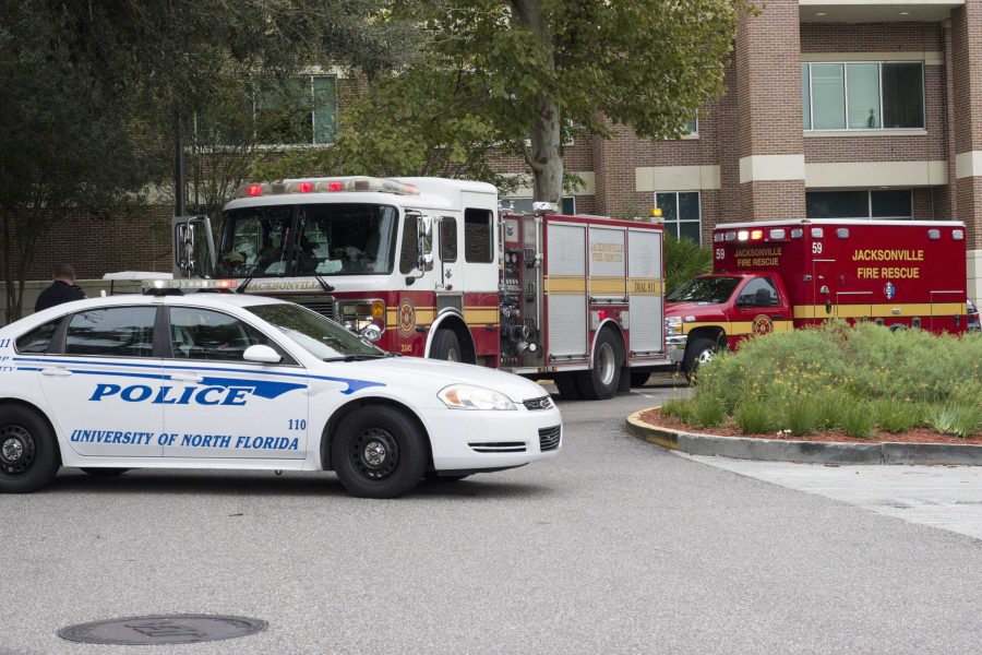 Both Jacksonville Fire Rescue and UNFPD were on scene taking care of the student near the Biological Sciences and the Skinner-Jones Hall Buildings.

Photo by Jack Drain