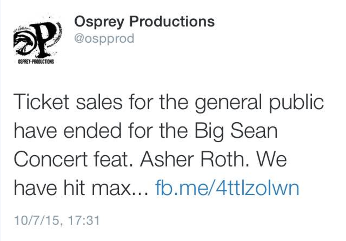 OP announced that the concert hit maximum ticket sales via Twitter last night. Image courtesy Twitter
