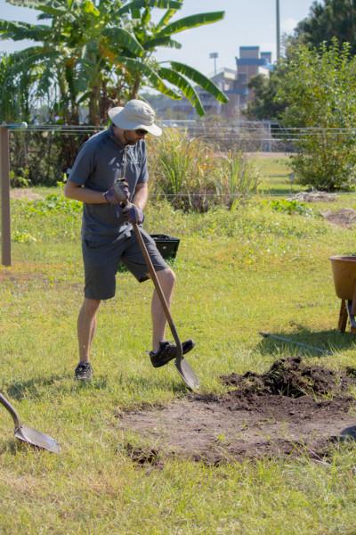Kevin Anderson, the Ogier Gardens’ coordinator, breaks ground for the new greenhouse. Photo by Michael Herrera