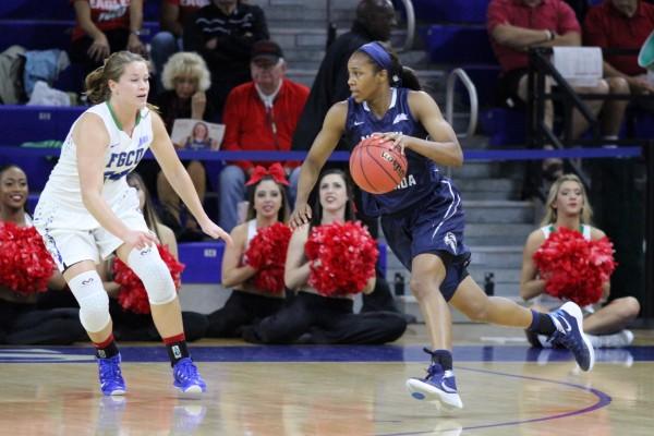 Maiya Rumph makes a drive toward the basket against the Eagles 