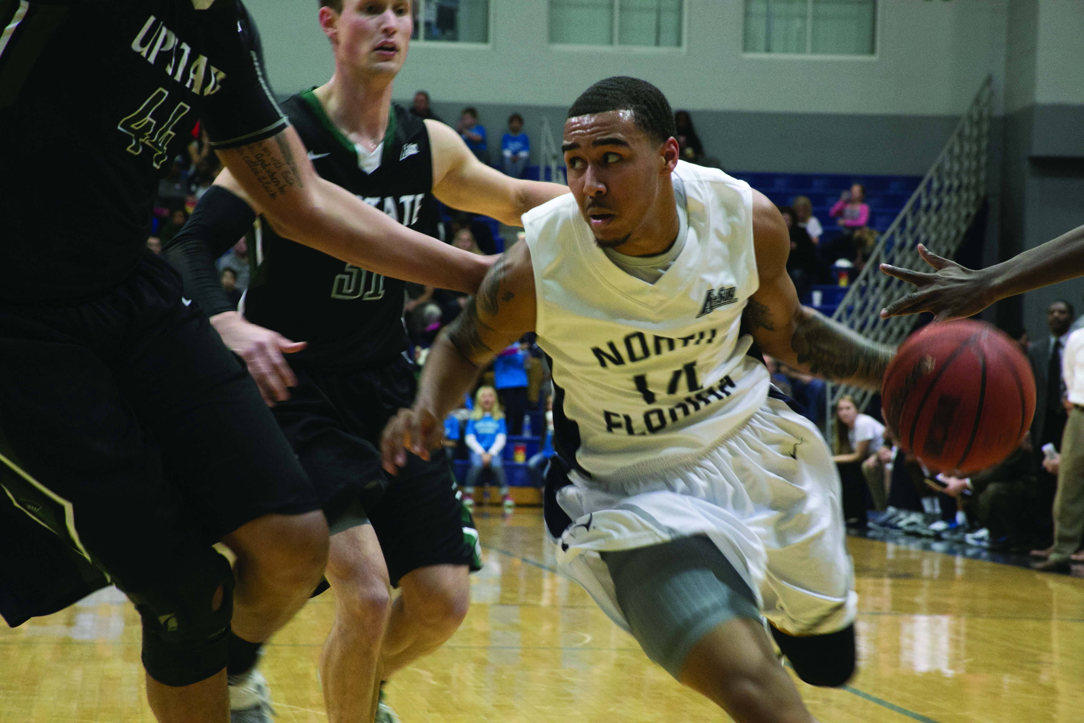 Junior guard Dallas Moore drives to the basket against USC Upstate.

Photo credit: Camille Shaw