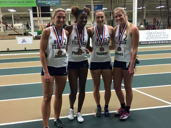 The ladies 4x400m relay team was made of (L to R) junior Tayler Johnson, junior Vanessa Philbert, senior Alyssa Younker and sophomore Hallie Grimes. Photo courtesy of Hallie Grimes.