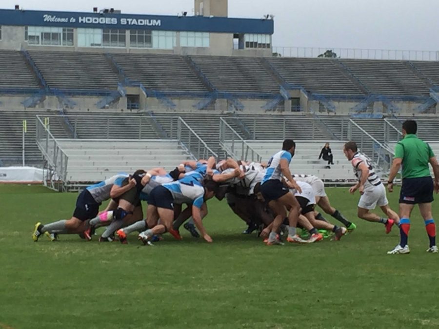 North Florida engages in a scrum during a penalty against Eckerd.  Photo by Jordan Perez 