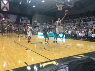 Dallas Moore takes a layup, which helped him finish with 18 points against the FGCU Eagles on January 31st. Photo by Joslyn Simmons 