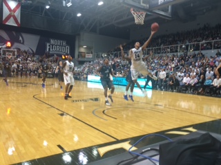 Dallas Moore takes a layup, which helped him finish with 18 points against the FGCU Eagles on January 31st.  Photo by Joslyn Simmons 