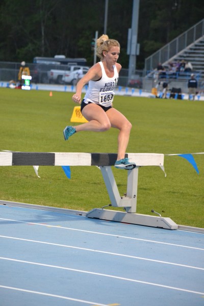 Senior Kelly Hensley placed second in the 300m steeplechase event Photo by Emily Woodbury 