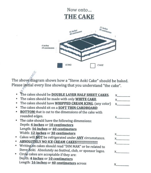 A genuine Steve Aoki cake recipe. Note the page is stamped "AS PER ADVANCE." This means the university can make this happen for Aoki if... Draft contract rider courtesy Records office. 