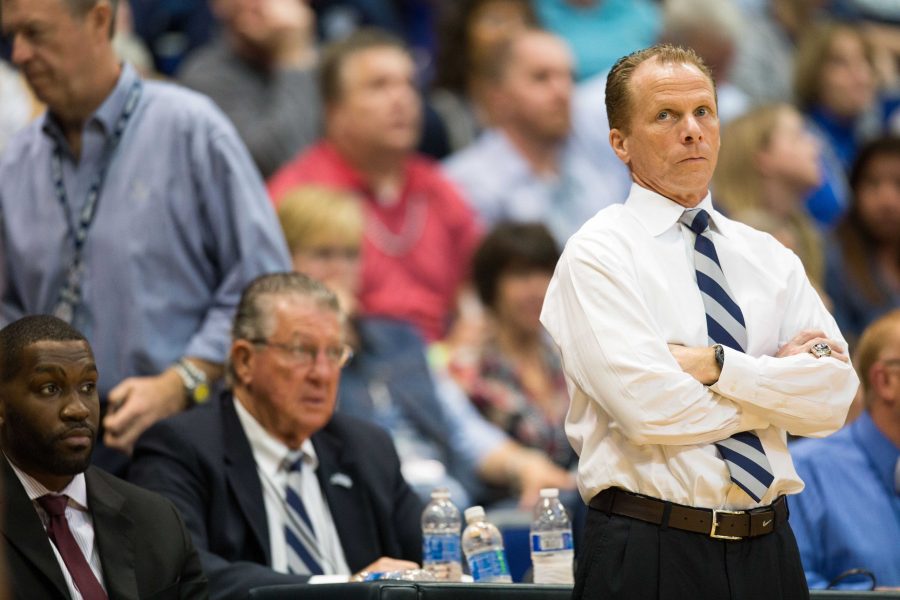 Head coach Matthew Driscoll watching play as the Ospreys fall to the FGCU Eagles March 3  Photo by Connor Spielmaker 