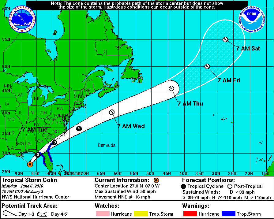 11 a.m. update of Tropical Storm Colin's track. Photo courtesy National Hurricane Center