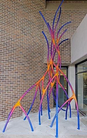 This large scale metal structure simulates neurons and is located on the second floor outside of the library. 