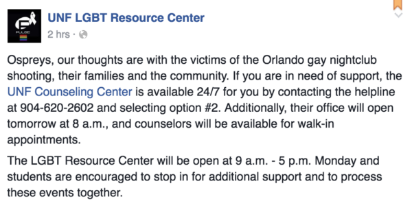 A Facebook post Sunday morning from the UNF LGBT Resource Center.