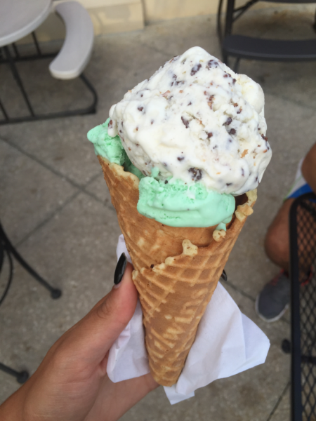 Toasted coconut and mint chocolate chip in waffle cone. Photo by Tiffany Salameh.