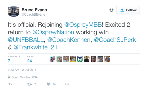 Tweet from Evans announcing his return to UNF.