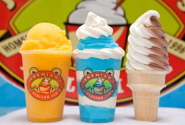 Mango ice, blue raspberry and vanilla gelati, and a vanilla and chocolate custard cone. Photo courtesy of Jeremiah's Italian Ice. 